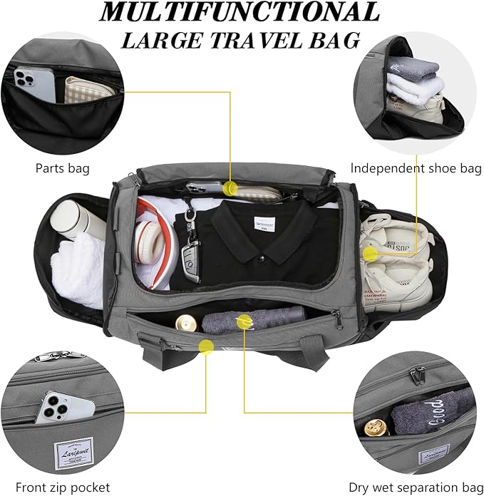 Laripwit Gym Bags for Men, 40L Medium Sports Travel Duffel Bag with Shoe Compartment & Wet Pocket Lightweight Gym Duffle Bag Backpack Multipurpose Weekender Overnight Backpack for Women, Gray