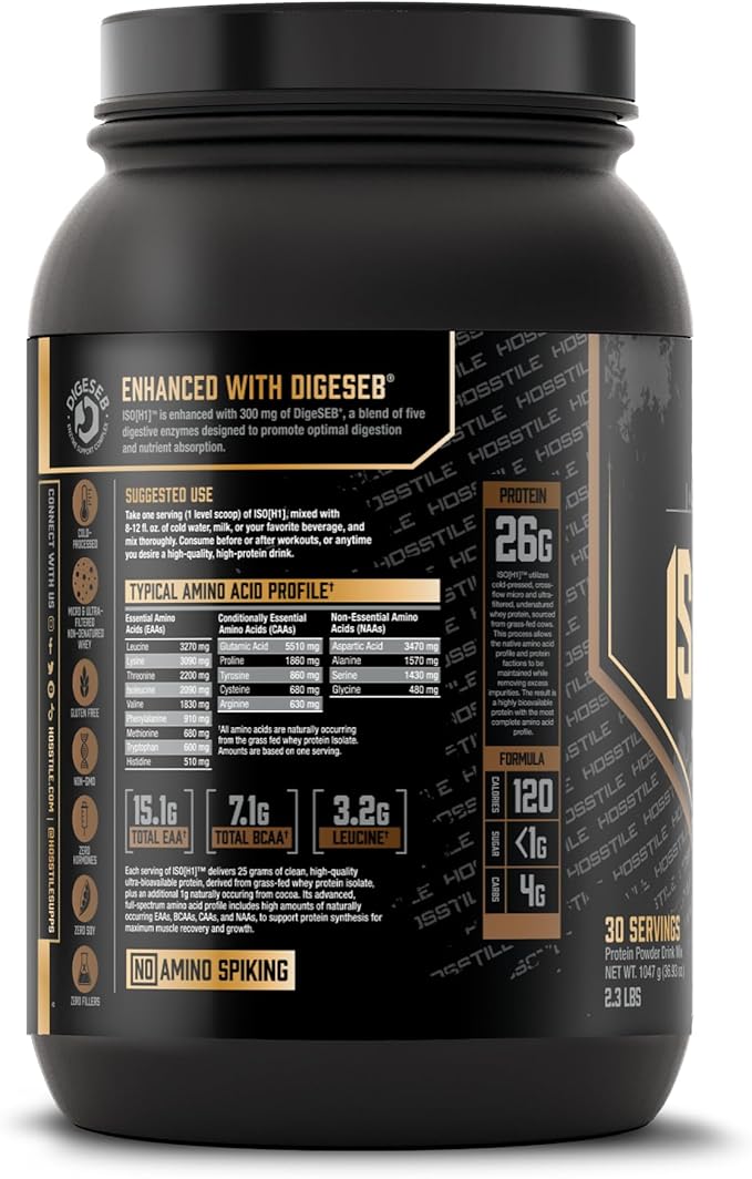 HOSSTILE ISO[H1] Grass Fed Whey Protein Isolate with Digestive Enzymes, Whey Protein Powder for Muscle Gain & Muscle Recovery, Post Workout Recovery Drink, Milk Chocolate, 30 Servings