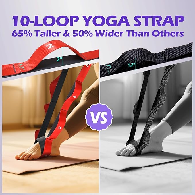 ROSAPOAR Stretching Strap with Loops - Non Elastic Yoga Straps for Physical Therapy, Durable Stretch Bands for Exercise, Flexibility Training, Hamstring & Leg Stretcher, Yoga/Pilates/Gymnastics