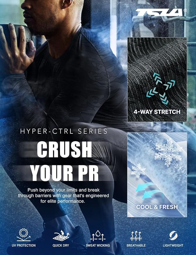 TSLA Men's UPF 50+ Compression Shirts, Cool Dry Long Sleeve Athletic Tops, Sports Baselayer Workout Shirt