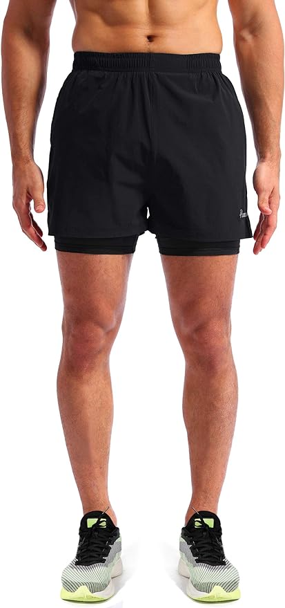 Pudolla Men’s 2 in 1 Running Shorts 5" Quick Dry Gym Athletic Workout Shorts for Men with Phone Pockets