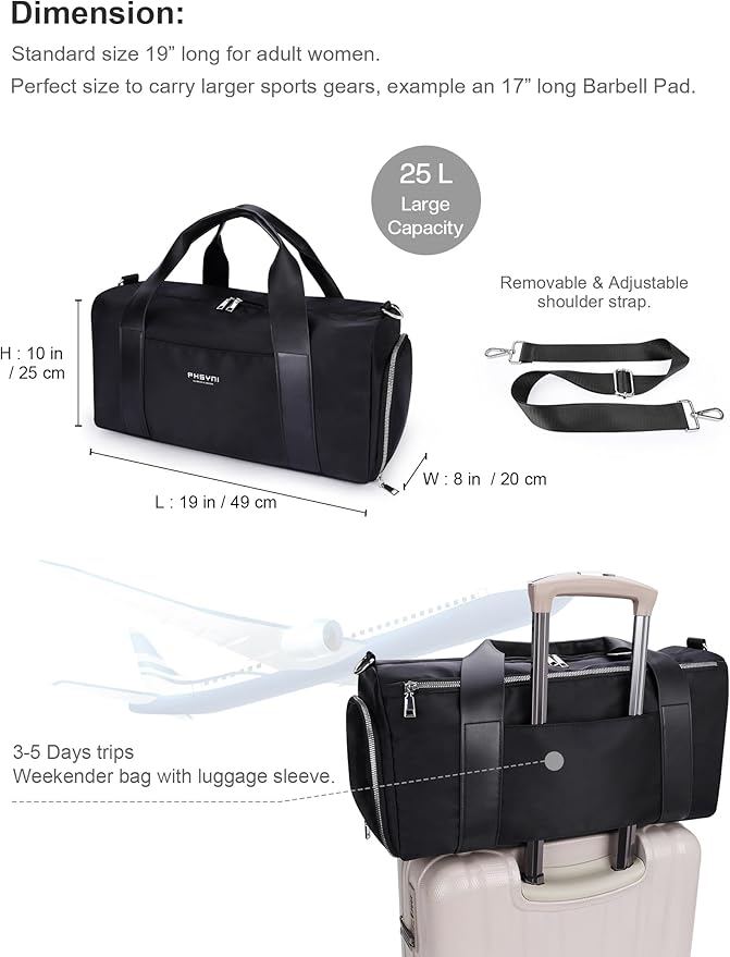 Gym Bag for Women with Shoe Compartment & Wet Pocket - Duffle Bag for Travel Sports Fitness Workout Athletic, 19“-Medium, Black