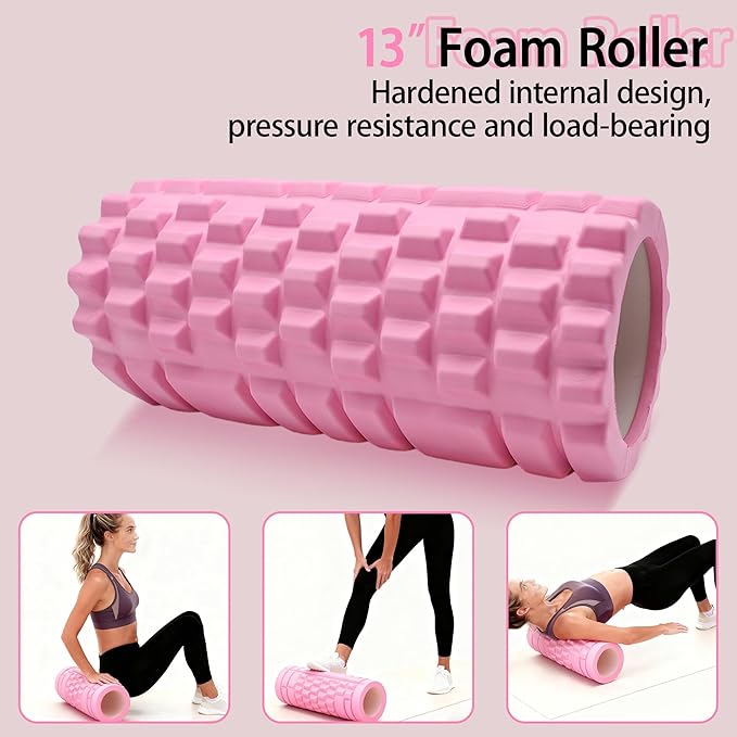 Foam Roller Set for Muscle Massage – 13"x5" Yoga Roller, 16" Spiked Massage Stick, 2.4" Ball, 2.4"x4.7" Peanut Ball, 16" Figure-8 Band & 12" Resistance Band with Foam Handles for Fitness & Recovery
