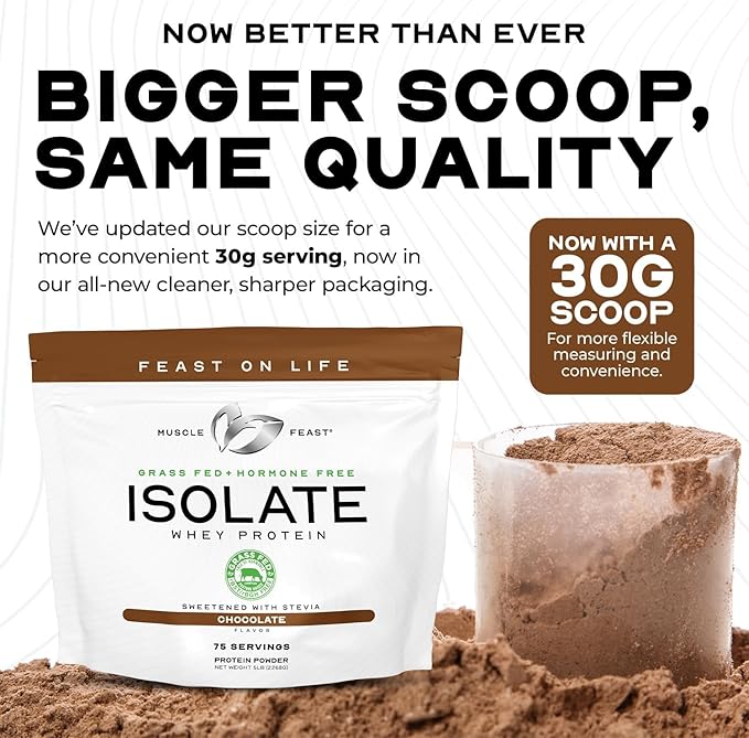 Muscle Feast Grass-Fed Whey Protein Isolate, All Natural Hormone Free Pasture Raised, Whey Isolate Protein Powder for Men and Women, Clean, Gluten-Free, Delicious Isolate Protein - Dark Chocolate, 2lb