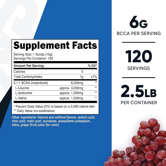 Nutricost BCAA Powder (Grape, 120 Servings) - Gluten Free, Non-GMO, Vegetarian, Optimal 2:1:1 Ratio