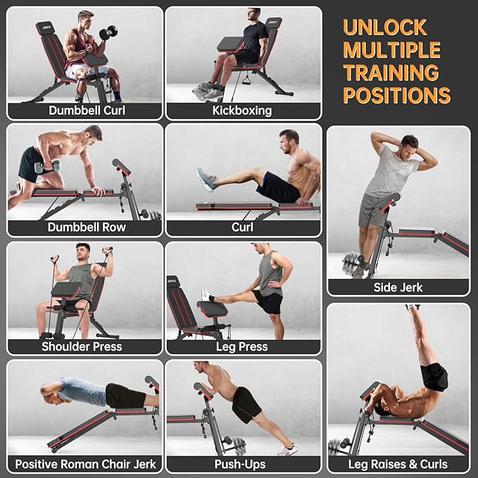 JOROTO Adjustable Weight Bench Foldable Workout Bench with Leg Extension and Preacher Curl Incline Decline Exercise Bench Press 772LBS Load Strength Training Benches for Home Gym Full Body Workout
