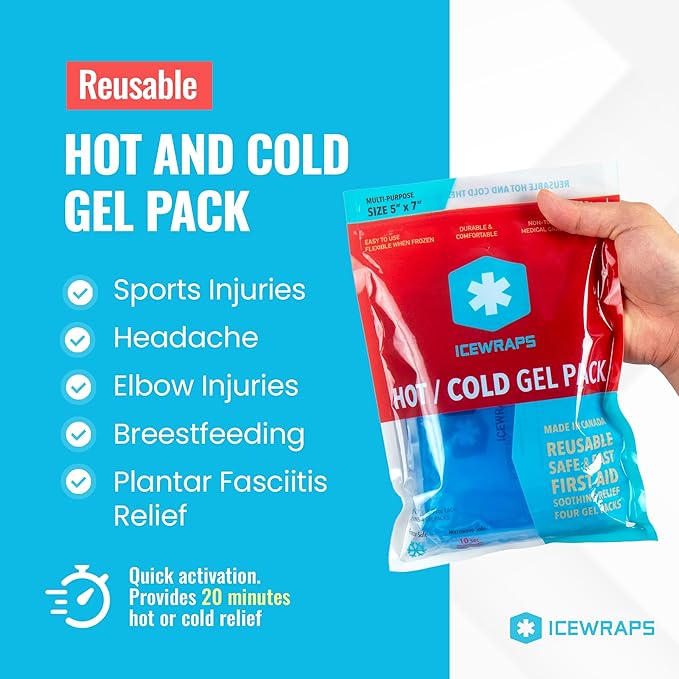 ICEWRAPS 5x7 Ice Packs for Injuries Reusable | Hot Cold Gel Pack for Injuries, Pain Relief, and Migraines | Soft Ice Pack for Arm, Leg, and Back Brace | Flexible Gel Compress Ice Packs | Pack of 4