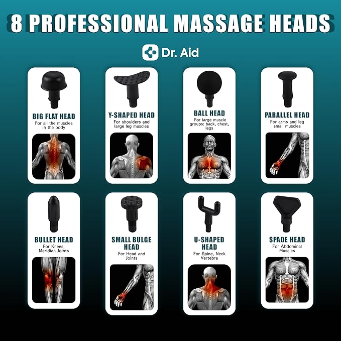 Dr. Aid Massage Gun – Deep Tissue Muscle Massager Gun for Pain Relief, 8 Heads, AI-Powered 9-Speed Smart Levels, Quiet & Powerful Motor, 6-Hour Battery Life, Travel Case Included, Black