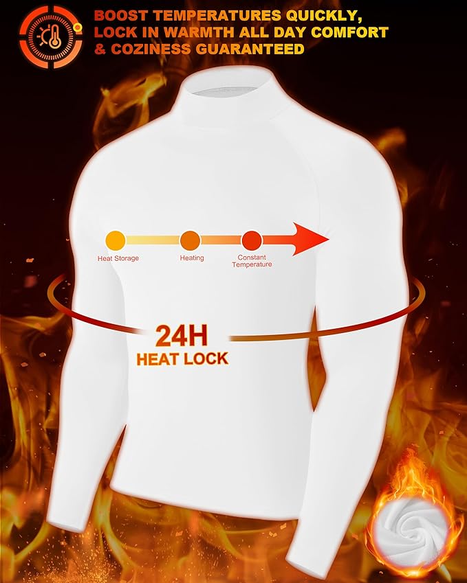 Men's Thermal Compression Shirts, Long Sleeve Fleece Lined Turtleneck Undershirt, Cold Weather Ski Base Layer Tops