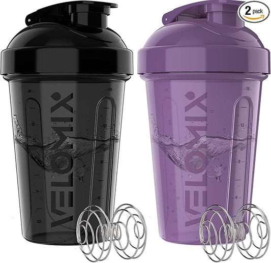 VELOMIX -2 Pack- 20 oz Protein Shaker Bottles for Protein Mixes - 2x Wire Whisk | Leak Proof Shaker Cups for Protein Shakes and Pre Workout | Protein Shaker Bottle Pack (Purple/Black)