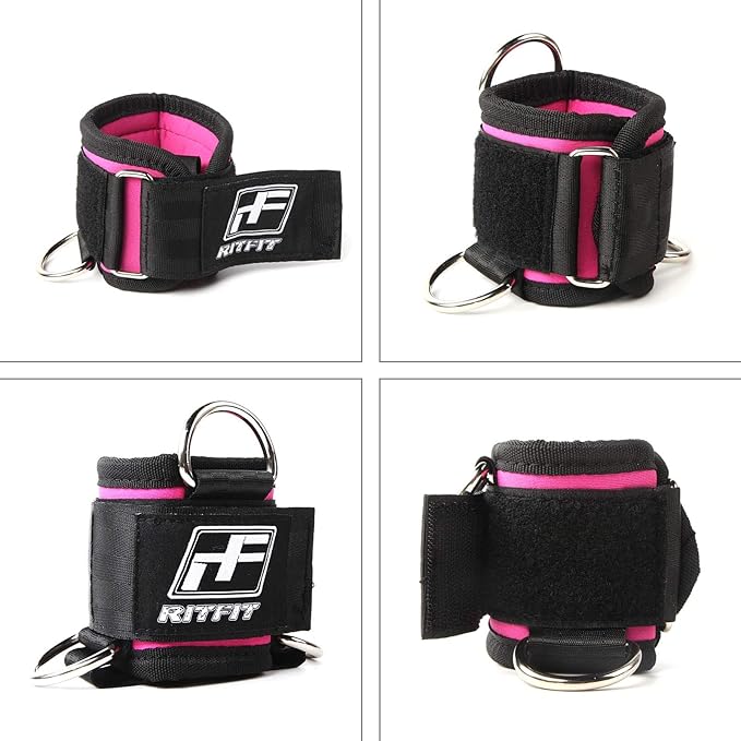 RitFit Kickback Ankle Straps Padded Ankle Strap for Cable Machine,Strong Hook and Loop,Reinforced 3 D-Ring, Adjustable Comfort fit Neoprene - Premium Ankle Cuffs to Enhance Abs, Glute & Leg Workouts