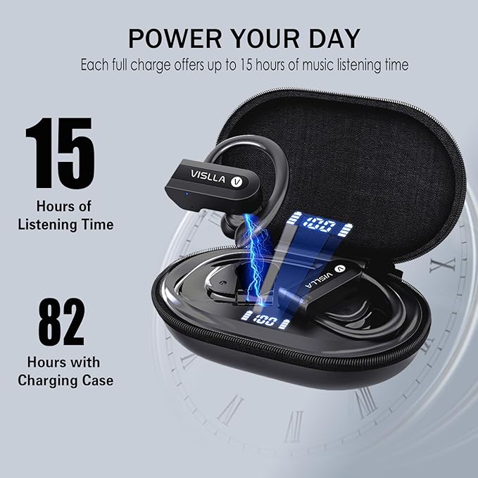 Vislla Wireless Earbuds, Bluetooth Earbuds with Earhooks, 82H Long Battery Life,HiFi Running Headphones with Mic,PU Leather Charging Case,Waterproof Sport Ear Buds for Gym Working Out