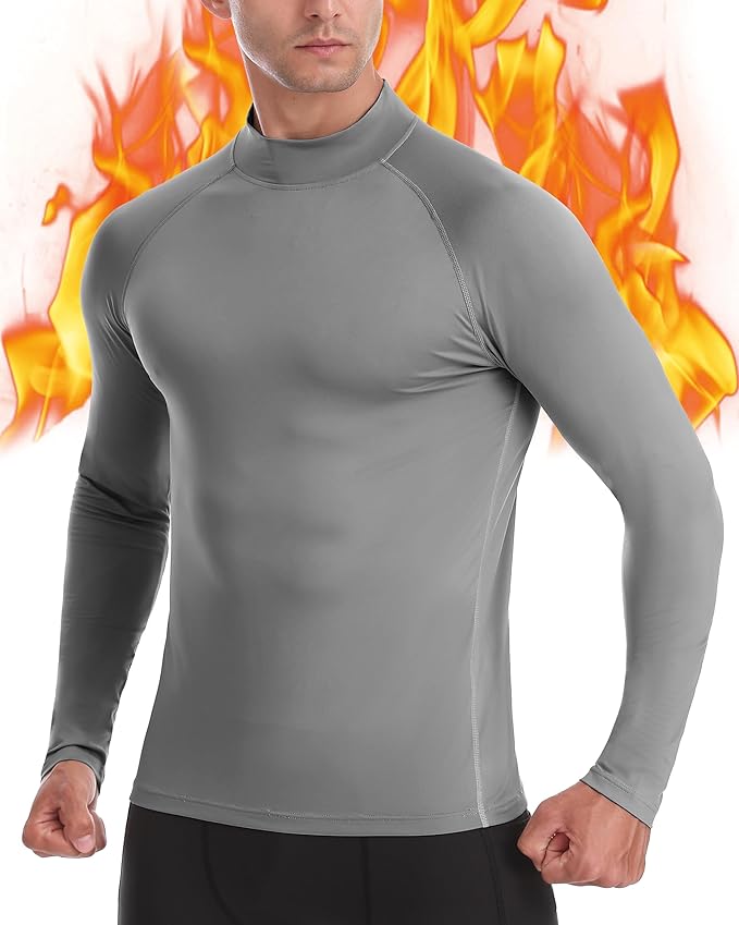 Men's Thermal Compression Shirts, Long Sleeve Fleece Lined Turtleneck Undershirt, Cold Weather Ski Base Layer Tops