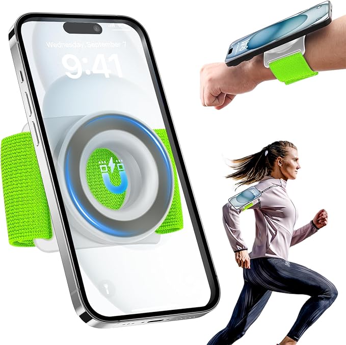 TOPGO Running Phone Holder for iPhone [360° Rotatable & Upgrade Anti-Drop] Magnetic Wrist Phone Holder, Magsafe Armband Compatible with iPhone 17 Pro and Android - Green