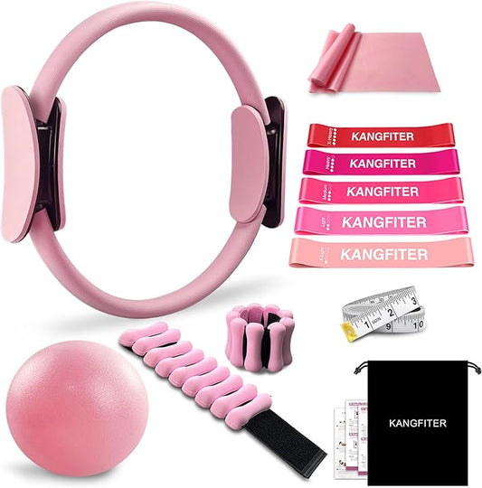 Pilates Equipment Kit for Home Workout, Pilates Ring and Ball Set with Adjustable Ankle Wrist Weights, Resistance Bands, Tape Measure, Bag, Pilates Essentials Accessories for Women Yoga