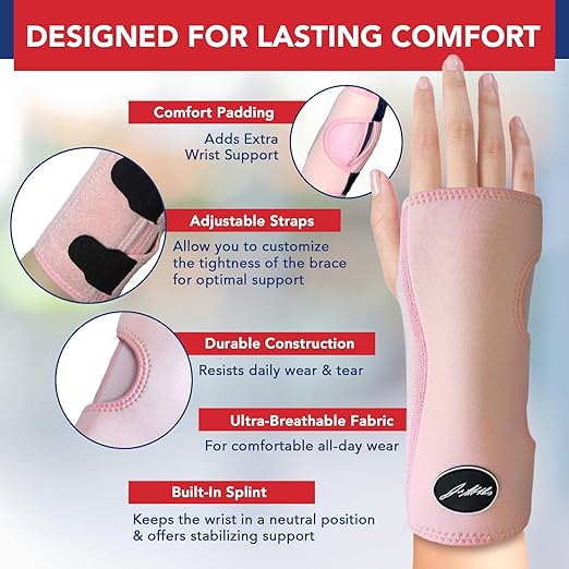 Dr. Arthritis Doctor Developed Premium Carpal Tunnel Night Wrist Brace & Support & Handbook, Fully Adjustable with Comfort Padding & Shaping (Pink Single)