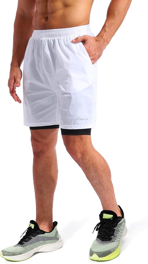 Pudolla Men’s 2 in 1 Running Shorts 5" Quick Dry Gym Athletic Workout Shorts for Men with Phone Pockets