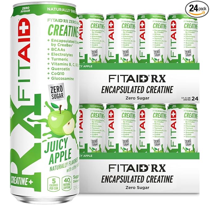 FITAID RX Zero Sugar, Encapsulated Creatine, Workout Recovery Drink, All-In-One Blend, BCAAs Glucosamine, Turmeric, B-Complex, Electrolytes, Juicy Apple, 12 Fl Oz (Pack of 24)