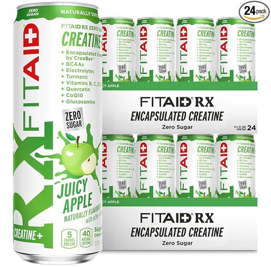 FITAID RX Zero Sugar, Encapsulated Creatine, Workout Recovery Drink, All-In-One Blend, BCAAs Glucosamine, Turmeric, B-Complex, Electrolytes, Juicy Apple, 12 Fl Oz (Pack of 24)
