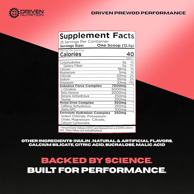 Driven PREWOD Energy Drink Powder, 25 Servings - Pre-Workout Supplement wit- Boosts Energy, Focus, Strength, & Endurance for High-Intensity Training (Performace, Peach Paradise)