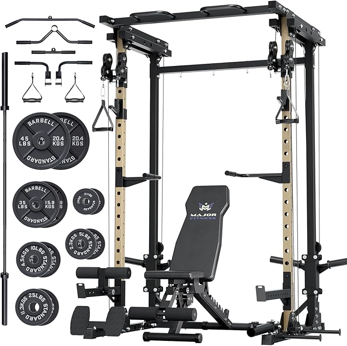 MAJOR FITNESS Drone3 Power Rack, Multi-Function Home Gym Squat Rack with Pull-Up Bar, Cable Crossover & J-Hooks, Heavy-Duty Steel Frame for Maximum Stability & Strength Training