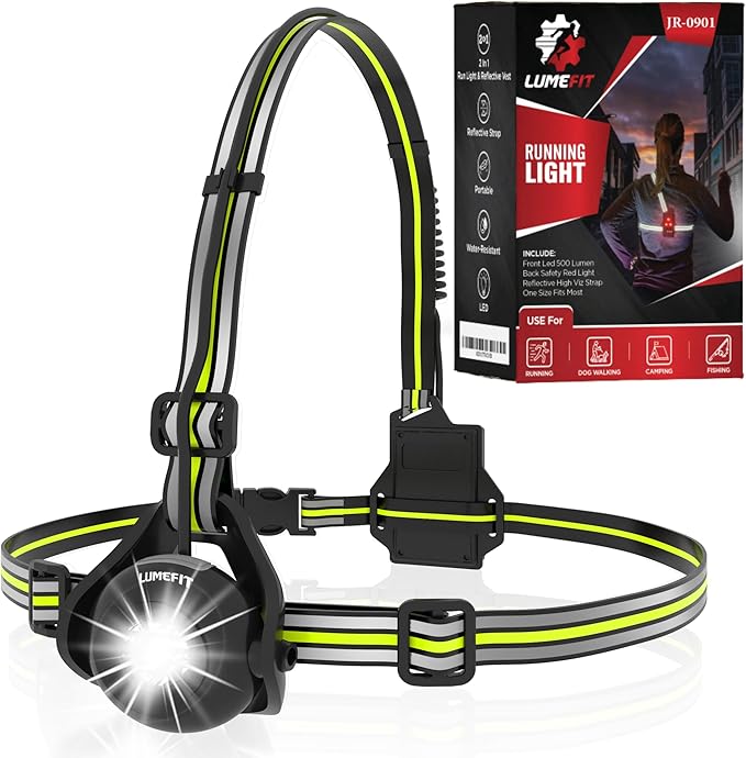 LUMEFIT Running Lights for Runners with Yellow Reflective Vest, Adjustable Beam Night Safety LED Chest Light Run, Dog Walking, and Jogging Gear, Rechargeable Headlamp Flashlight