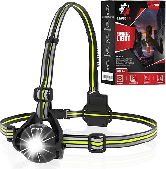 LUMEFIT Running Lights for Runners with Yellow Reflective Vest, Adjustable Beam Night Safety LED Chest Light Run, Dog Walking, and Jogging Gear, Rechargeable Headlamp Flashlight