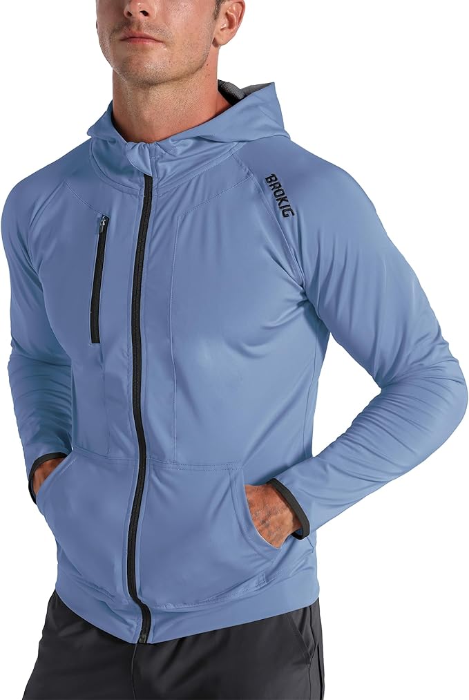 BROKIG Mens WindBreak Lightweight Running Jackets with Zip Pocket, Workout Track Hoodie Athletic Gym Sweatshirts Men