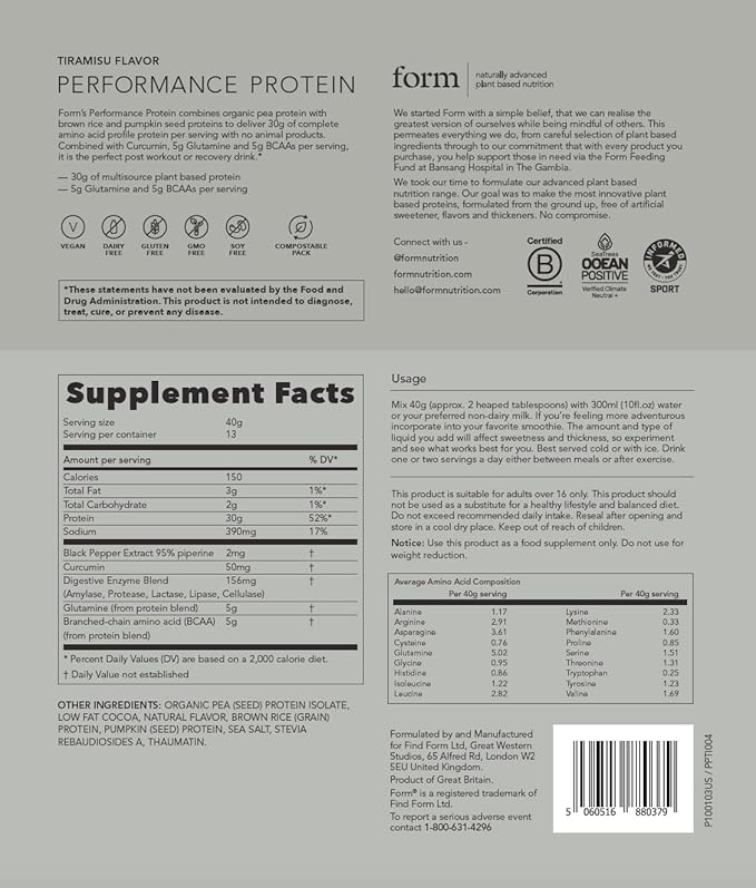 Form Performance Protein - Vegan Protein Powder - 30g of Plant Based Protein per Serving, with BCAAs and Digestive Enzymes. Perfect Post Workout. Tastes Great with Just Water! (Tiramisu)