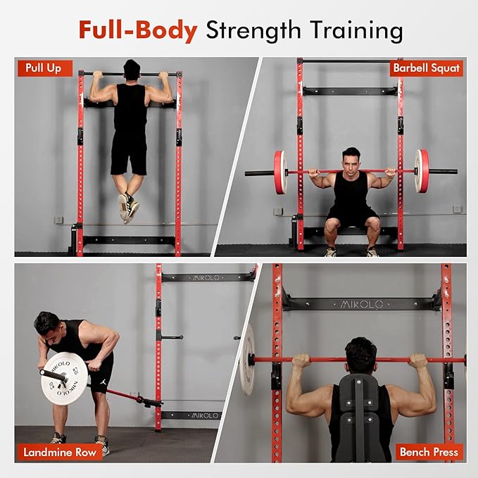 Mikolo 2" x 2" Folding Wall Mounted Squat Rack, 1000 Pounds Capacity Power Rack with Pull Up Bar, J Hooks and Other Attachments, Space-Saving Home Gym