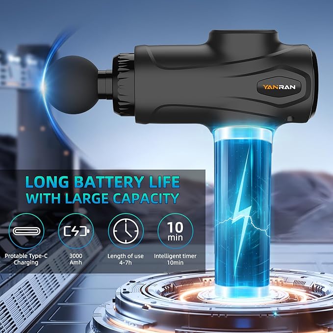 YANRAN Deep Tissue Massage Gun Portable, Percussion Massage Gun with 7 Levels & 6 Massage Heads, Electric Massager for Muscles Pain Relief, Gifts for Men Women Athletes for Sports and Relaxation