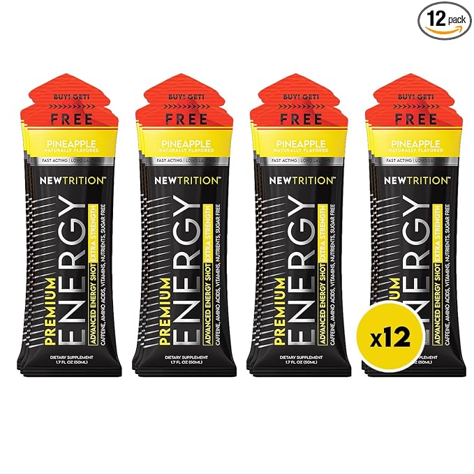 NewTrition® Extra Strength Energy Shots, 250mg Caffeine Energy Shots with Vitamin B & Amino Acids, Sugar-Free Vitamin Energy Shot, 1.7 fl oz (Pack of 12, Pineapple)