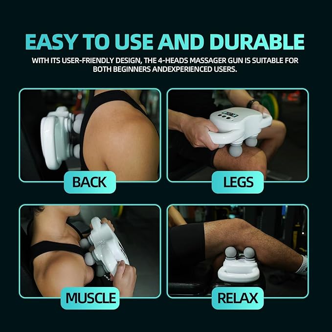 DEITY Massage Gun Deep Tissue, 4-Heads Handheld Electric Body Massager, Percussion Massager for Pain Relief in Back, Leg, Neck, Shoulder and Body, Relax Perfect Gifts for Man Women, White