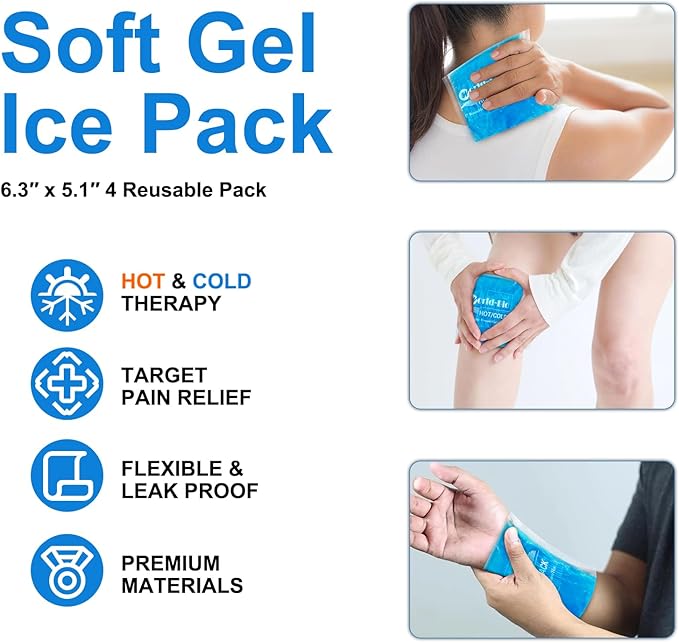 Reusable Gel Ice Packs (4 Pack) - Hot Cold Pack for Injuries, Pain Relief, Migraines - Gel Ice Pack Cold Compress for Back, Neck, Foot and Wrist - Flexible Cold Packs for Injuries - 5.1" x 6.5"