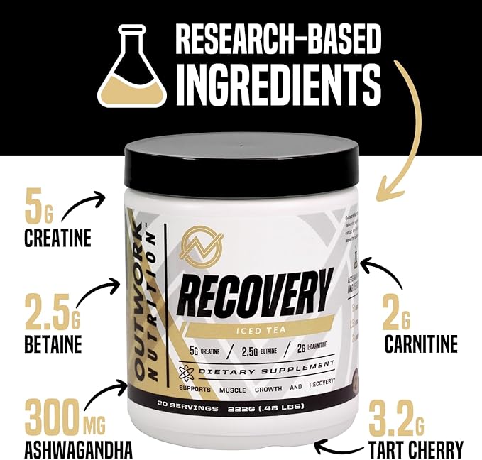Outwork Nutrition Post Workout Recovery Powder - Creatine Monohydrate, KSM-66 Ashwagandha & Tart Cherry - Speeds Recovery, Eases Soreness - Creatine Powder for Men & Women, Iced Tea, 240 Gr