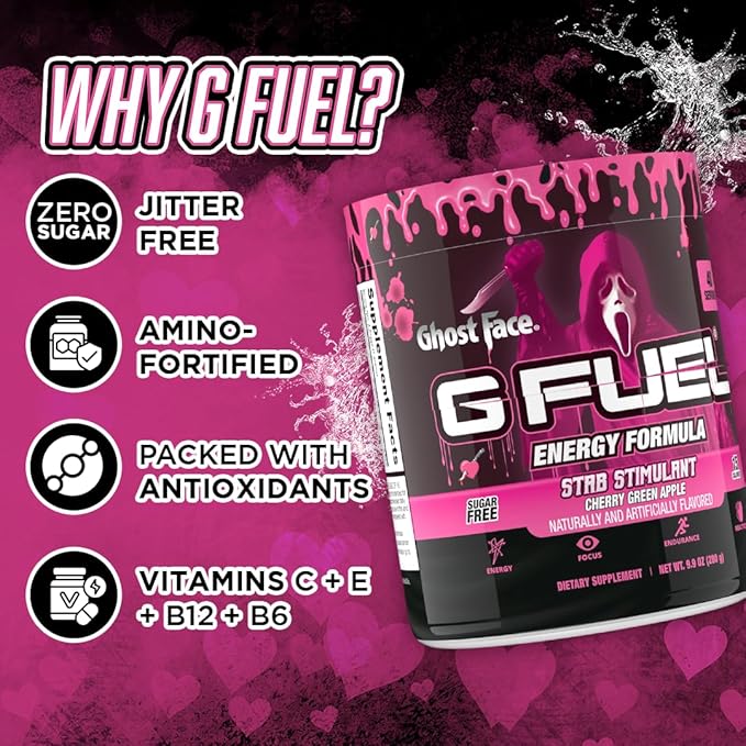 G Fuel Ghost Face Energy Drink Powder, Pre Workout Caffeine Mix for Gaming, Sugar Free Focus Amino, Vitamin + Antioxidants, 9.9oz (Cherry Green Apple, 40 Servings)