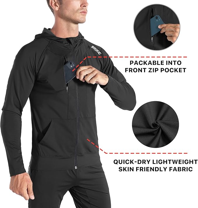 BROKIG Mens WindBreak Lightweight Running Jackets with Zip Pocket, Workout Track Hoodie Athletic Gym Sweatshirts Men