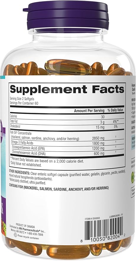 Webber Naturals Fish Oil 2850 mg, High Potency, 1,800 mg Omega-3 per Serving, 120 Clear Enteric Softgels, No Fishy Aftertaste, Ultra-Purified, Supports Heart, Cognitive, and Joint Health