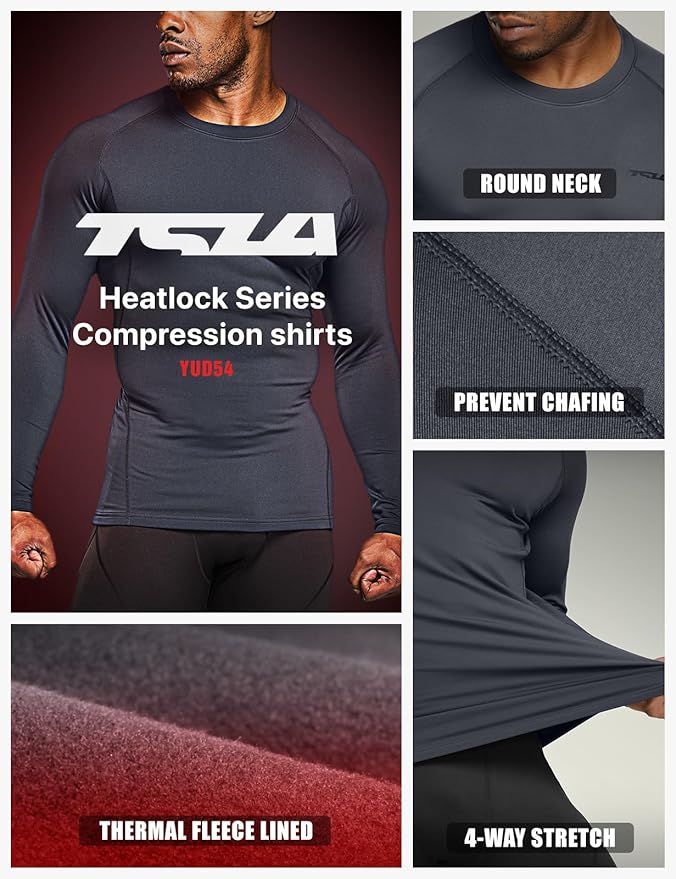 TSLA Men's Thermal Long Sleeve Compression Shirts, Athletic Base Layer Top, Winter Gear Running T-Shirt