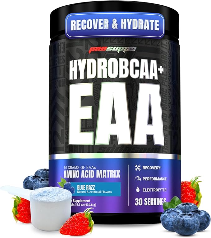 PROSUPPS HydroBCAA Essential Amino Acids Powder, Blue Raspberry - Workout Supplement with BCAA, EAAs & Electrolytes for Hydration & Recovery - Stimulant-Free, Soy & Gluten-Free - 30 Servings