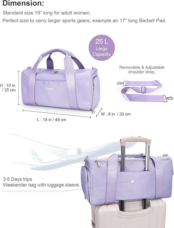 Gym Bag for Women Girls with Shoe Compartment & Wet Pocket - Duffle Bag for Travel Sports Fitness Workout Athletic, 19"-Medium, Purple