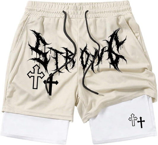 Men's Graphic Shorts with Liner Cross Print Drawstring 2 in 1 Gym Track Bottoms