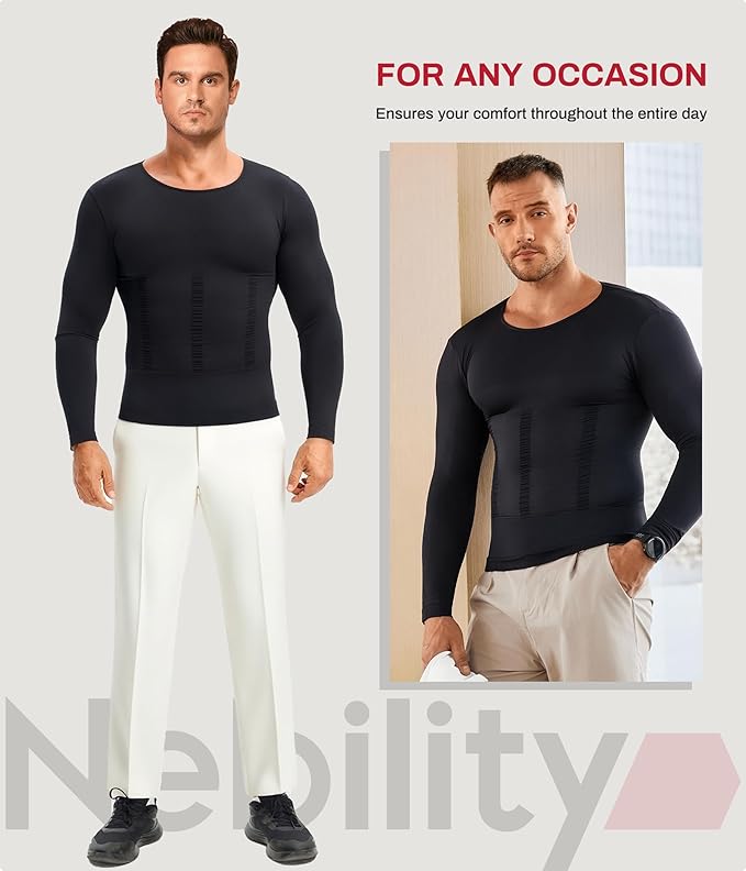 Nebility Shapewear Men Long Sleeve Compression Shirt - Slimming Body Shaper Tummy Control Workout Tank Top Undershirt