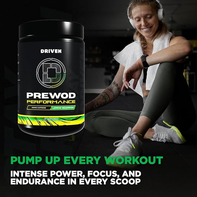 Driven PREWOD Energy Drink Powder, 25 Servings - Pre-Workout Supplement wit- Boosts Energy, Focus, Strength, & Endurance for High-Intensity Training (Performace, Lemon Headrush)