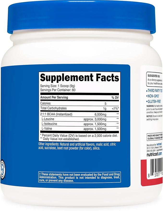 Nutricost BCAA Powder (Strawberry Kiwi) 60 Servings - Optimal 2:1:1 Ratio