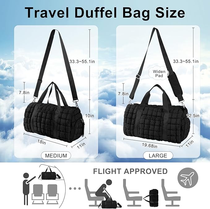 Quilted Travel Duffle Bag Gym Bag for Women,Large Puffer Duffle Weekender Bag with Compartment,Workout Overnight Carry on Organizer Bag Duffle Bag for Airplane Travel(L-Black)