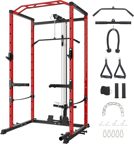 Power Cage with LAT Pulldown Machine - Squat Rack for Home Gym, Multi-Functional Weight Cage with Cable Pulley System, Dip Bars & Landmine Attachment