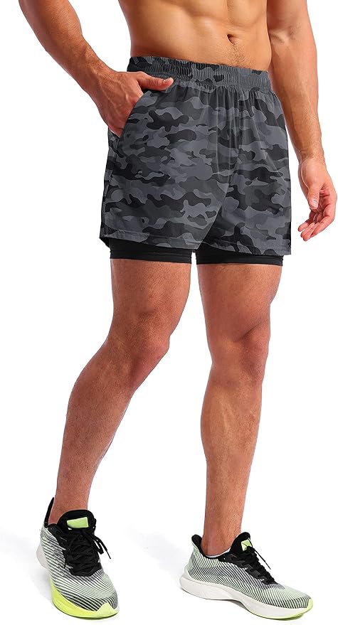 Pudolla Men’s 2 in 1 Running Shorts 5" Quick Dry Gym Athletic Workout Shorts for Men with Phone Pockets