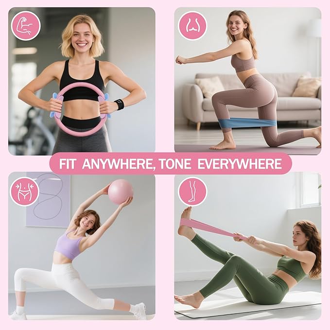 Home Pilates Essentials Kit for Women Pink Ring and Ball Pilates Set Equipment, Magic Circle with 5 Resistance Bands Premium Accessories Kits for Starter Toning Workouts at Home