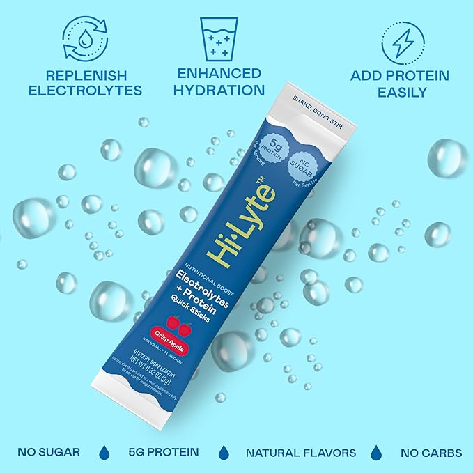 Hi-Lyte Electrolytes + Protein Quick Sticks Crisp Apple, 16 Servings - Sodium, Potassium, Whey Protein - Keto Friendly - 5g Protein, No Sugar